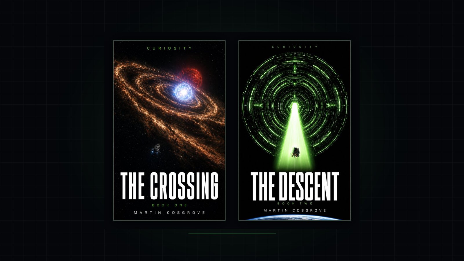 Curiosity: The Crossing and Curiosity: The Descent, the two covers side by side